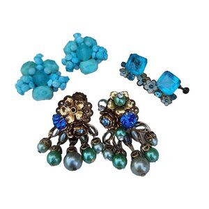 VTG 50s Aqua Blue Glass Rhinestone LERU, W.Germany & Checo Clip Earring Lot Of 3